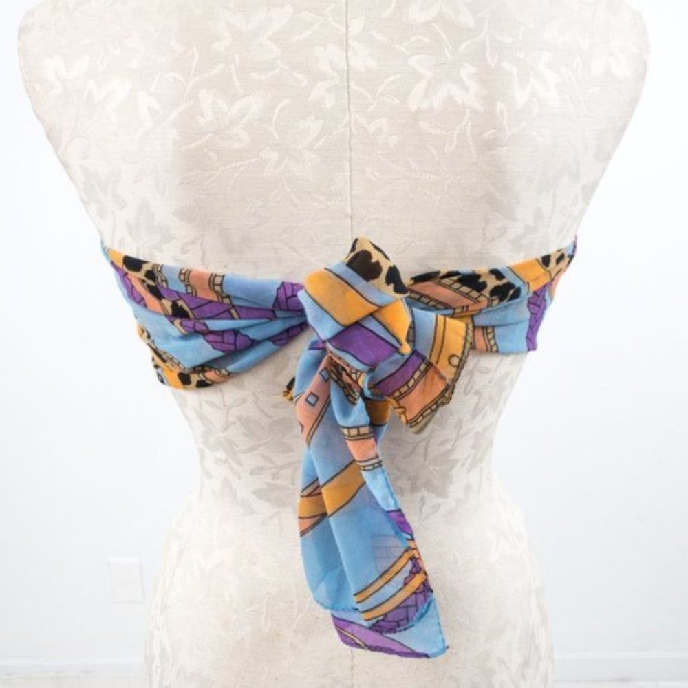 Vintage Scarf 80s 90s OS Silk Chiffon Fashion Graphic Print Blue - Picture 9 of 12